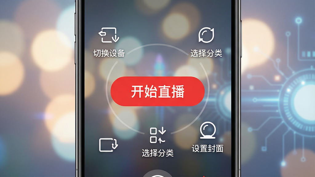 一张展示蜻蜓主播一键开播功能的示意图,画面主体是一部手机,屏幕中央有一个醒目的红色“开始直播”按钮,按钮周围有简洁的图标提示“切换设备”“选择分类”“设置封面”,背景为柔和的光斑效果,整体构图简洁明了,突出操作便捷性,风格现代且具有科技感,画质干净,无多余元素