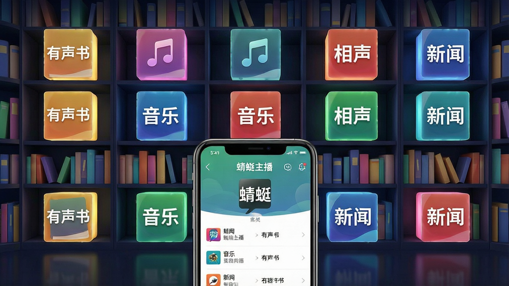 一幅展示蜻蜓主播海量内容库的创意图片,画面背景为一面巨大的数字书架墙,书架上陈列着各种带有“有声书”“音乐”“相声”“新闻”标签的发光方块,前景是一部手机屏幕显示蜻蜓主播的分类浏览界面,整体视觉色彩丰富、层次分明,体现内容生态的多元与丰富,画质高清,无多余元素