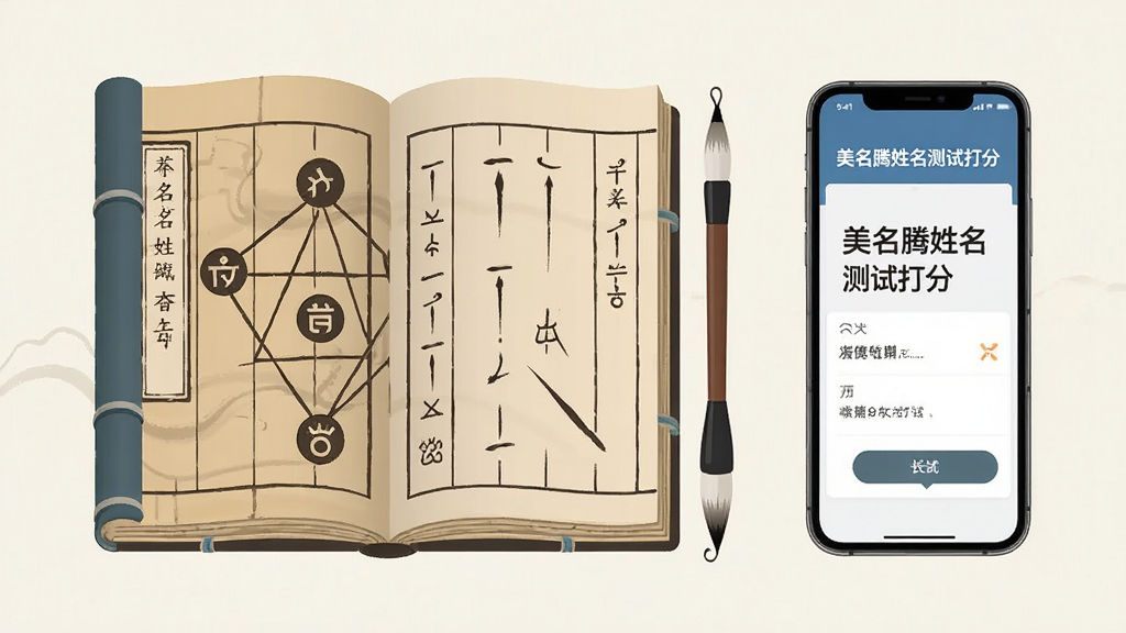 一幅关于姓名测试的古典风格插画,主体是一本翻开的古书与毛笔,旁边放置现代智能手机屏幕显示“美名腾姓名测试打分”界面,布局为书籍左侧、手机右侧,排版居中,风格融合古风与现代扁平化,细节包含五行符号与笔画线条,画质清晰干净,无多余元素