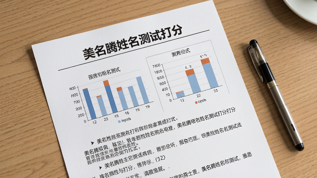 一份打印的姓名报告纸旁边放着一支笔,纸张上印有“美名腾姓名测试打分”的报告内容,主体为报告纸,布局为俯拍视角,排版规整,风格写实,细节包含图表与文字段落,画质干净,无多余元素