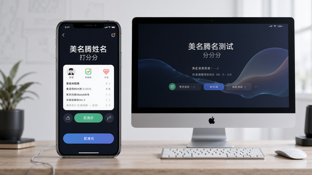 一部智能手机与一台电脑并排摆放,屏幕上同时显示美名腾姓名测试打分的应用界面,主体为设备组合,布局为左右排列,风格为科技感,细节包括设备边框与屏幕内容,画质干净,无多余元素