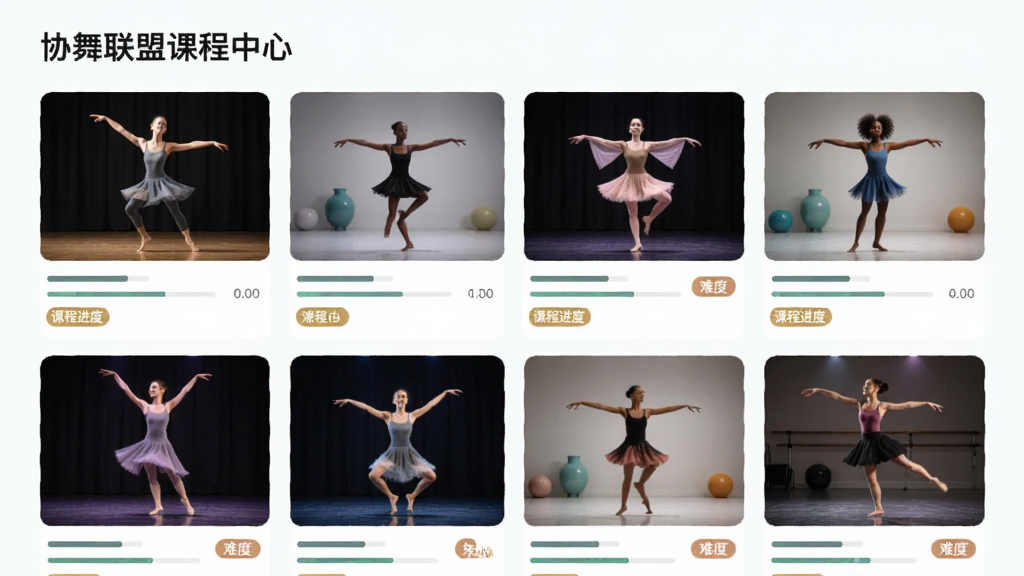 画面主体为课程列表页面,展示不同舞蹈类型的封面图,标题包含“协舞联盟课程中心”。布局采用网格排列,风格简约清新。细节包括课程进度条、难度标签,画质清晰,色彩协调,无多余装饰。