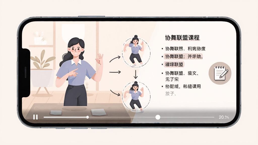 画面主体为手机横屏观看协舞联盟课程,屏幕显示教学动作分解,旁边有笔记图标。布局采用左右分屏,左侧是老师示范,右侧是文字提示。风格为现代插画风,色彩淡雅。细节包括播放进度条、清晰标注,画质干净无多余元素。