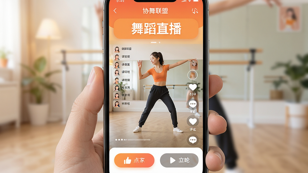 画面主体为手机屏幕内呈现“协舞联盟”APP界面,界面顶部显示“舞蹈直播”字样,中部有老师正在示范舞蹈动作,底部有互动按钮。布局采用竖屏构图,界面清晰简洁,风格现代活泼,色彩明亮温暖。细节包括清晰的课程列表、点赞评论图标,画质高清干净,无多余元素。