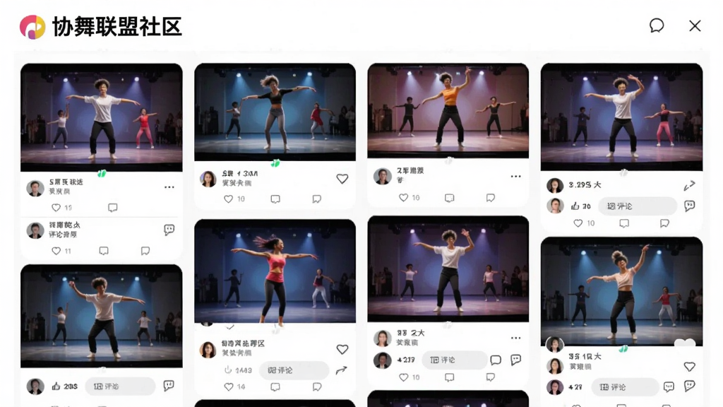 画面主体为社区动态页面,用户上传的舞蹈视频缩略图整齐排列,顶部有“协舞联盟社区”字样。布局采用瀑布流形式,风格活泼。细节包括点赞数、评论框,画质干净,色彩鲜艳,无多余元素。
