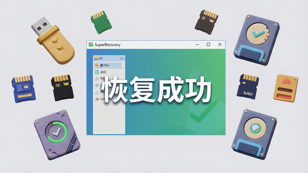 主体:多个存储设备图标(U盘、SD卡、硬盘)悬浮在SuperRecovery数据恢复软件窗口周围,中心显示“恢复成功”字样;布局:设备图标环绕排列,软件界面在中心;排版:图标大小错落有致,色彩丰富;风格:3D卡通风格,光影柔和;细节:每个设备上都有一个小型数据恢复进度环;画质:4K超清,干净,背景为浅灰色