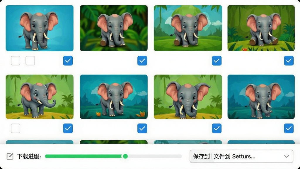 小象壁纸批量下载界面示意,画面中多张壁纸缩略图带有选中勾选框,底部为下载进度条与“保存到”文件夹选择窗口,风格简洁实用,色彩明快,画质高清,干净无多余元素。