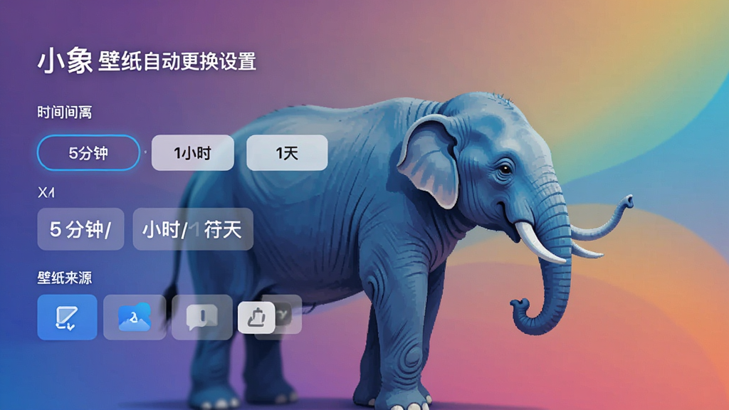 小象壁纸自动更换设置页面,展示时间间隔选项(5分钟/1小时/1天)与壁纸来源选择,背景为一张渐变动态壁纸,整体布局清晰,风格科技感,画质高清,干净无多余元素。
