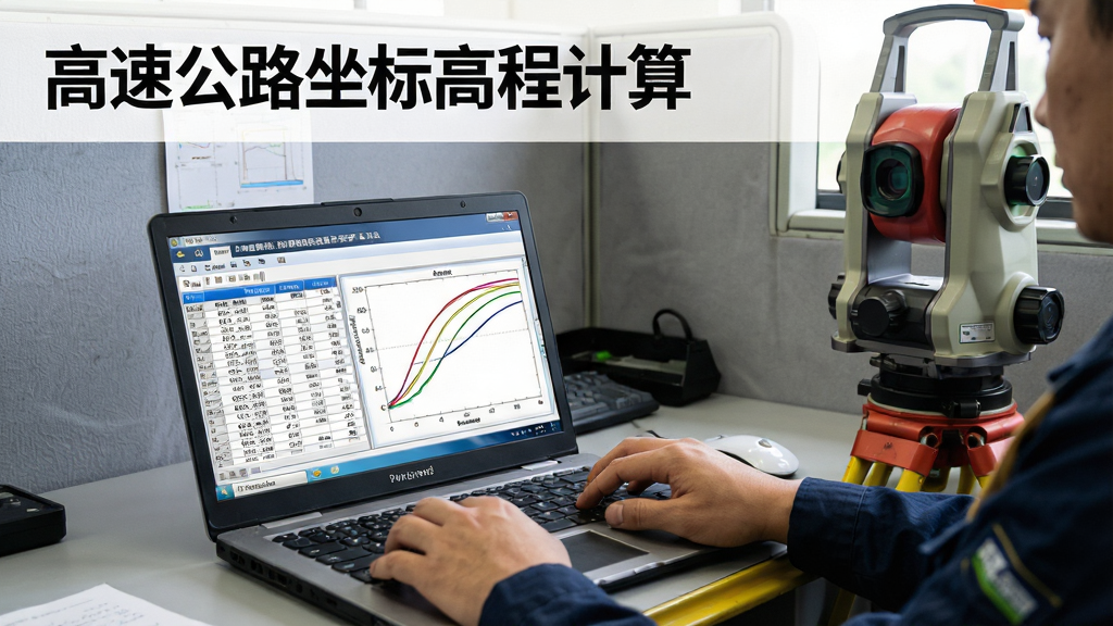 一张高速公路测量员使用笔记本电脑运行“高速公路坐标高程计算”软件的实拍场景,屏幕显示坐标表格与曲线图形,主体突出软件名称,布局为测量员在工位前操作,旁边放有全站仪,风格写实,细节包括数据表格与彩色曲线图,画质清晰干净,无多余元素