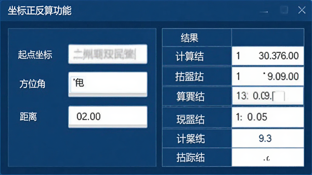 软件主界面展示坐标正反算功能,左侧输入框标注“起点坐标”“方位角”“距离”,右侧显示计算结果,界面为深蓝色商务风格,表格排版整齐,文字标签清晰,画质干净,无多余元素
