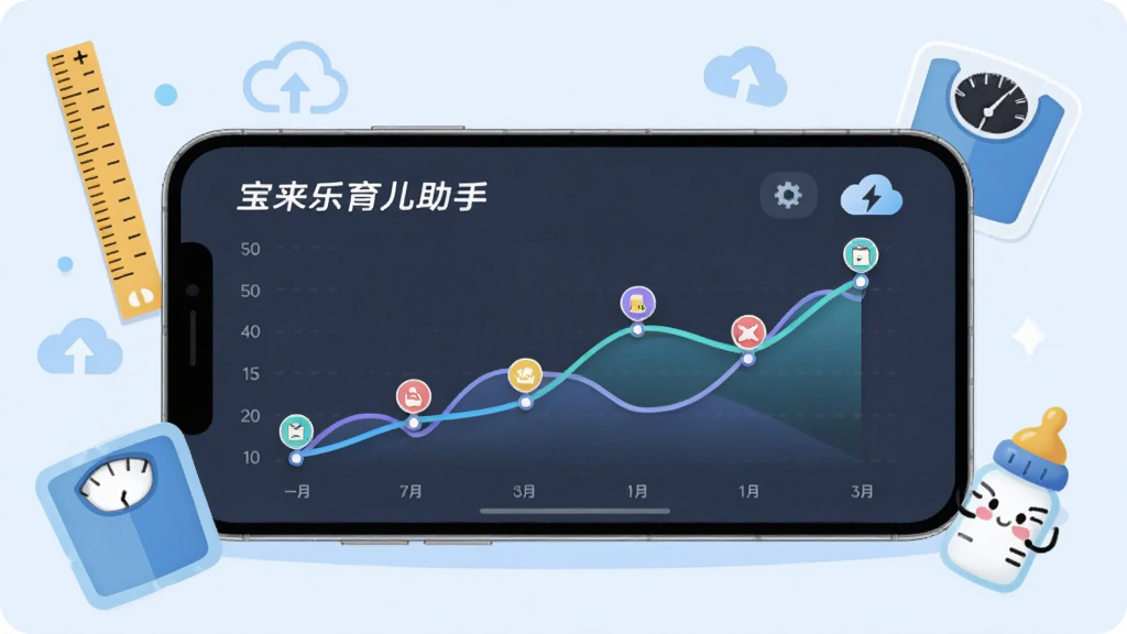 画面主体为一部智能手机横屏展示“宝来乐育儿助手”的成长曲线图表界面,图表线条清晰,节点带有小图标。布局为手机居中特写,周围漂浮着身高尺、体重秤、奶瓶等卡通元素。排版风格为现代扁平插画,搭配浅蓝背景,细节突出数据可视化和云端同步标志,画质干净明亮,无多余元素。