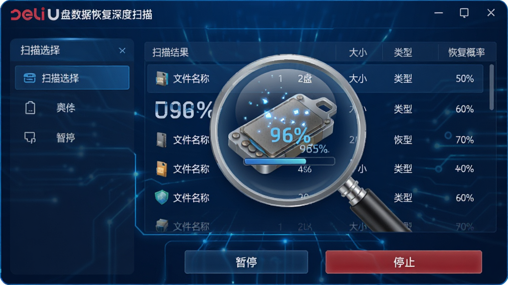 主体:得力U盘数据恢复的深度扫描过程界面,显示一个放大镜图标正在扫描U盘内部结构。布局:界面左侧为扫描模式选择栏,右侧为扫描结果列表,底部有“暂停”和“停止”按钮。排版:扫描结果以列表形式展示,每行显示文件名、大小、类型和恢复概率。风格:写实与科技感结合,深蓝色背景配以发光线条。细节:放大镜的镜片中有数据碎片的光点,扫描进度百分比清晰显示。画质:高分辨率,光影效果自然,干净无多余元素。