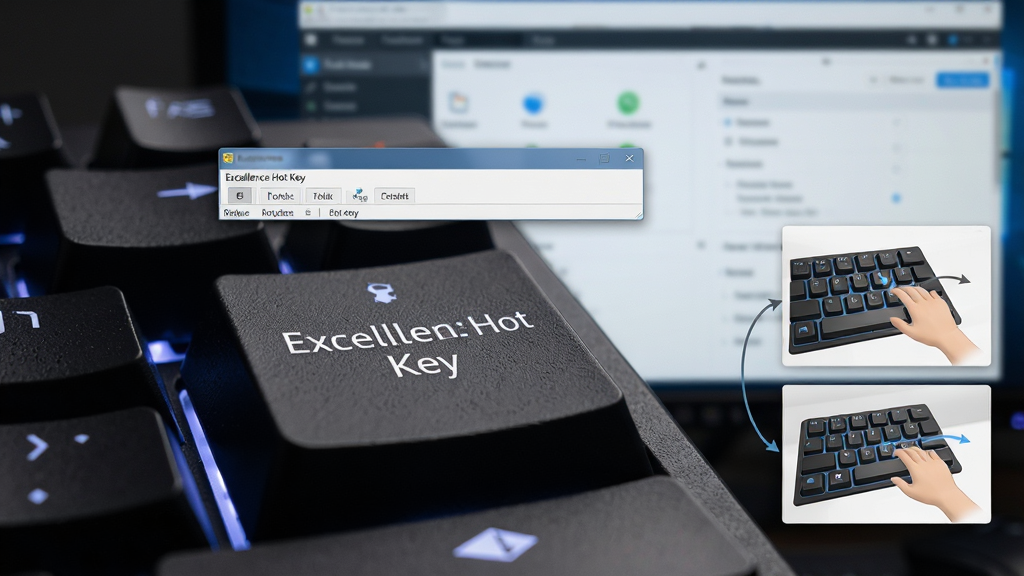 一张特写键盘按键的图片,按键上映射着“Excellence Hot Key”软件的悬浮管理窗口,背景为模糊的电脑屏幕显示着软件配置界面。布局直观,按键特写占主体,右侧辅以操作示意。风格写实且富有科技氛围,细节呈现键盘背光与屏幕映射内容,画质高清干净无多余元素
