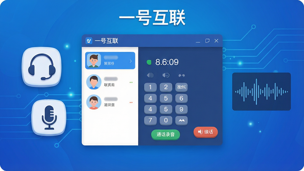 展示电脑端通信界面的截图风格插画,画面中央是“一号互联”软件的通话面板,面板上有联系人列表、拨号键盘和“通话录音”按钮;左侧悬浮着耳机和麦克风图标,右侧是语音波形图;背景为蓝色渐变科技线条装饰,整体风格扁平化且带有微立体感;文字清晰标出“一号互联”;构图聚焦于界面本身,排版简洁,画质干净,无多余装饰物