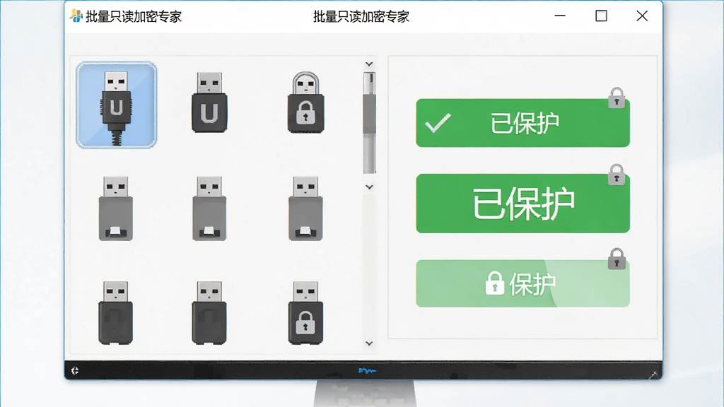 主体为电脑桌面显示U盘内存卡批量只读加密专家软件主界面,界面左侧列出多个U盘图标,右侧显示“已保护”绿色状态,画面整体干净明亮,布局清晰,排版以中心对称方式呈现,风格为现代扁平化UI设计,细节包含USB接口与加密锁小图标,画质高清,干净无多余元素