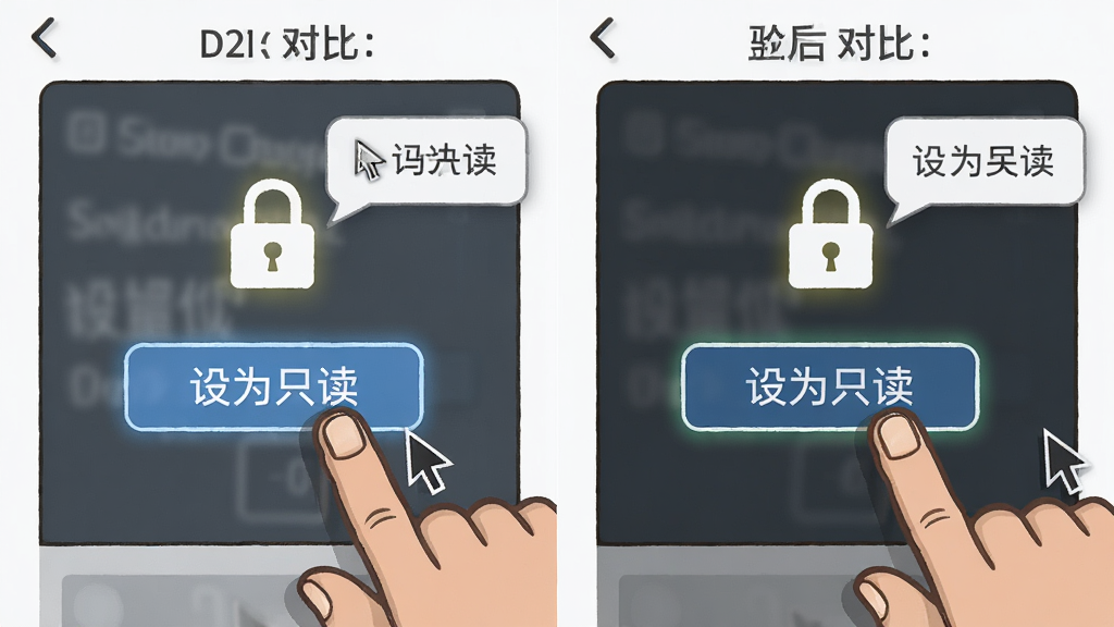主体为手指点击软件上的“设为只读”按钮,界面出现锁形图标亮起,前后状态对比图,布局为左右对照式,风格为教程风插画,细节包含鼠标光标和提示气泡,画质干净,无多余元素