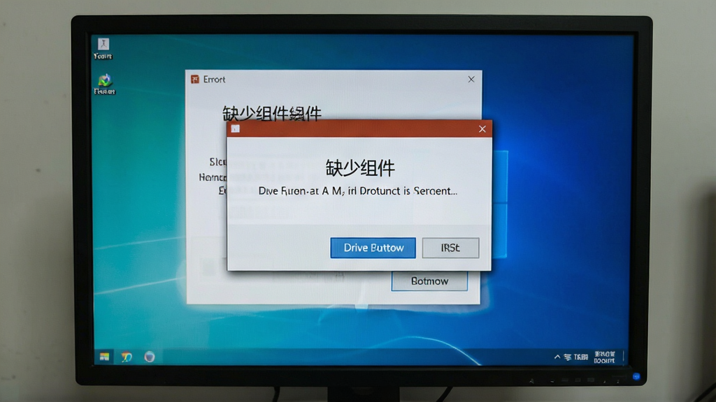 主体为电脑屏幕显示错误提示框,旁边有驱动安装按钮,布局为中央弹窗样式,风格为写实截图风格,细节包含文字“缺少组件”,画质清晰,干净无多余元素