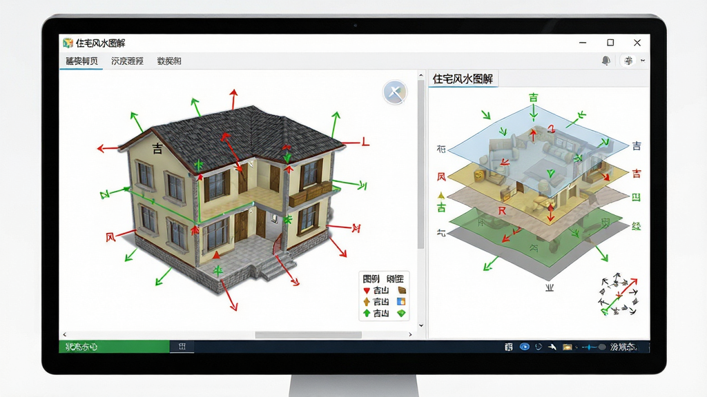 主体:电脑屏幕上显示《住宅风水图解》软件界面,左侧为三维房屋模型,右侧为风水标注图层。布局:屏幕占据画面中央,界面各功能分区清晰。排版:界面顶部有菜单栏,中部为户型模型,底部为状态栏。风格:现代UI设计风格,界面整洁明亮。细节:模型上标注着红色与绿色的方位线条,图例说明对应吉凶。画质:高清,干净,无多余元素。