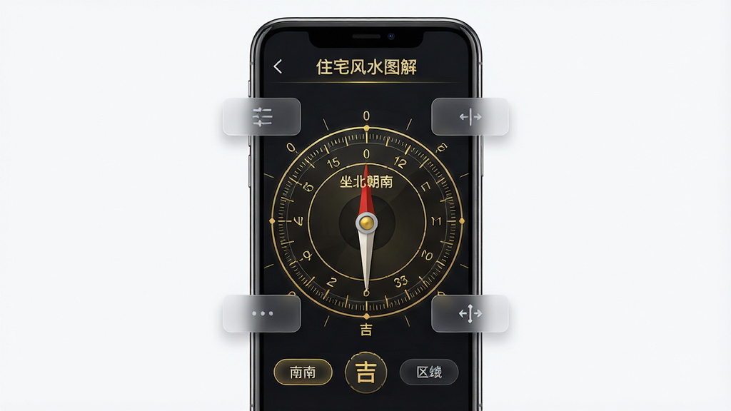主体:智能手机竖屏显示《住宅风水图解》罗盘界面,罗盘指针指向正南。布局:手机位于画面中心,罗盘刻度清晰,周围有功能按钮。排版:罗盘为圆形仪表样式,按钮呈半透明浮层。风格:科技感UI设计,深色背景搭配金色刻度。细节:罗盘上显示“坐北朝南”字样,下方有“吉”字标识。画质:高清,干净,无多余元素。