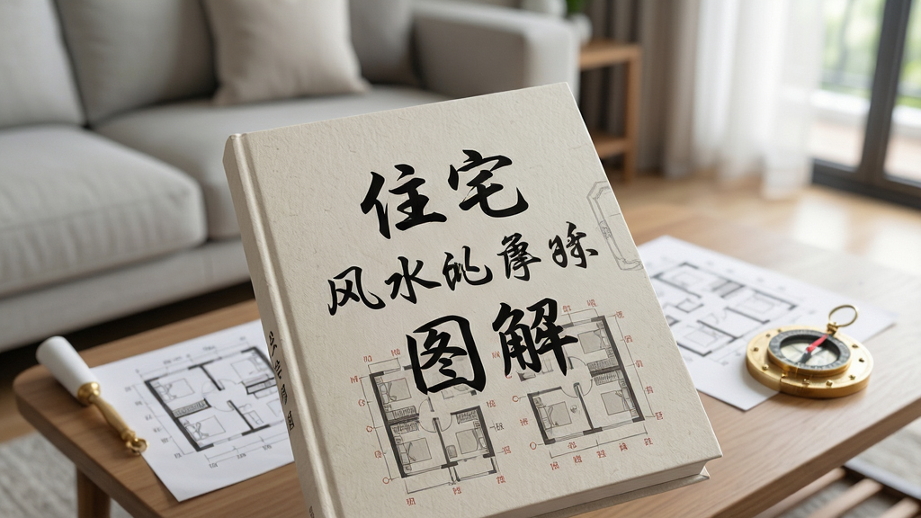 主体:一本打开的精美书籍封面,书名《住宅风水图解》清晰可见,背景为简约现代客厅一角,茶几上摆放着户型图与罗盘。布局:封面占据视觉中心,背景虚化,营造阅读氛围。排版:书名采用大号书法字体,置于封面中央。风格:写实摄影风格,光线柔和自然。细节:封面纸张纹理细腻,隐约可见其中的户型图与方位标注。画质:高清,干净,无多余元素。