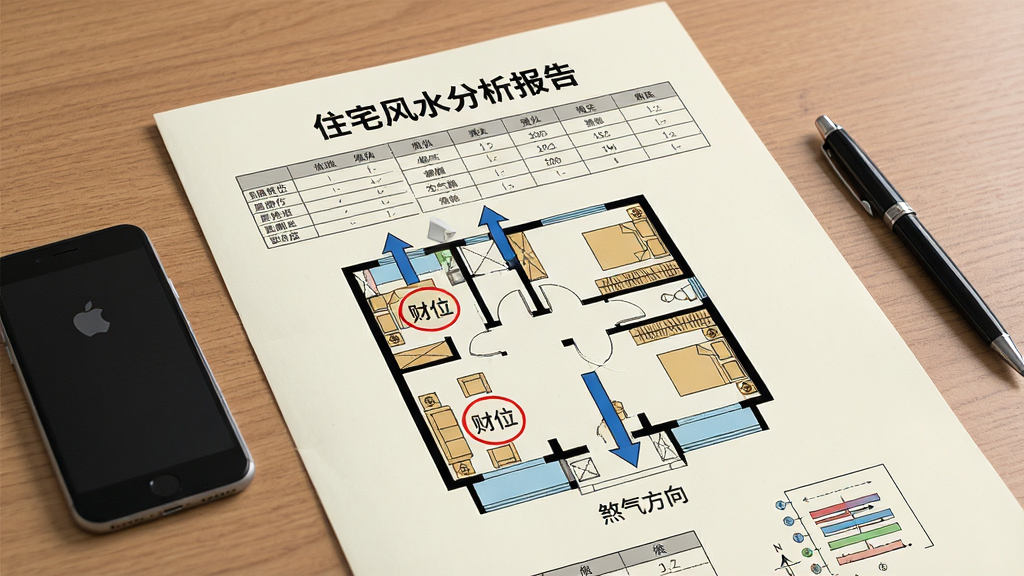 主体:一份打印出来的《住宅风水图解》户型分析报告,纸上印有户型平面图与彩色标注。布局:报告平铺在桌面上,旁边放有手机与笔。排版:报告标题为“住宅风水分析报告”,下方有表格与图形。风格:商务打印风格,纸张米白,图表清晰。细节:户型图上用红色圆圈标记“财位”,蓝色箭头指示“煞气方向”。画质:高清,干净,无多余元素。
