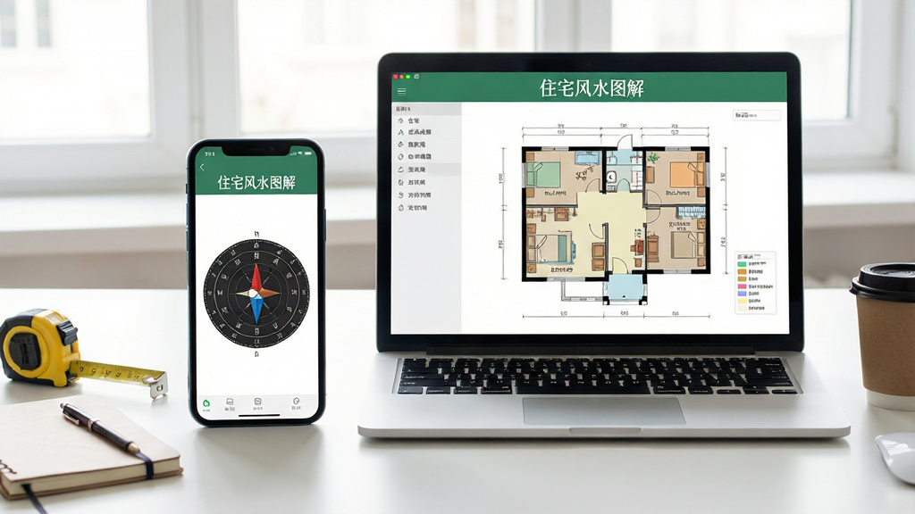 主体:一部智能手机与一台笔记本电脑并排摆放,屏幕均显示《住宅风水图解》软件界面。布局:手机位于左侧,电脑位于右侧,桌面整洁。排版:手机屏幕显示罗盘界面,电脑屏幕显示户型分析图。风格:明亮办公环境,自然光。细节:手机旁放有卷尺与笔记本,电脑旁有咖啡杯。画质:高清,干净,无多余元素。
