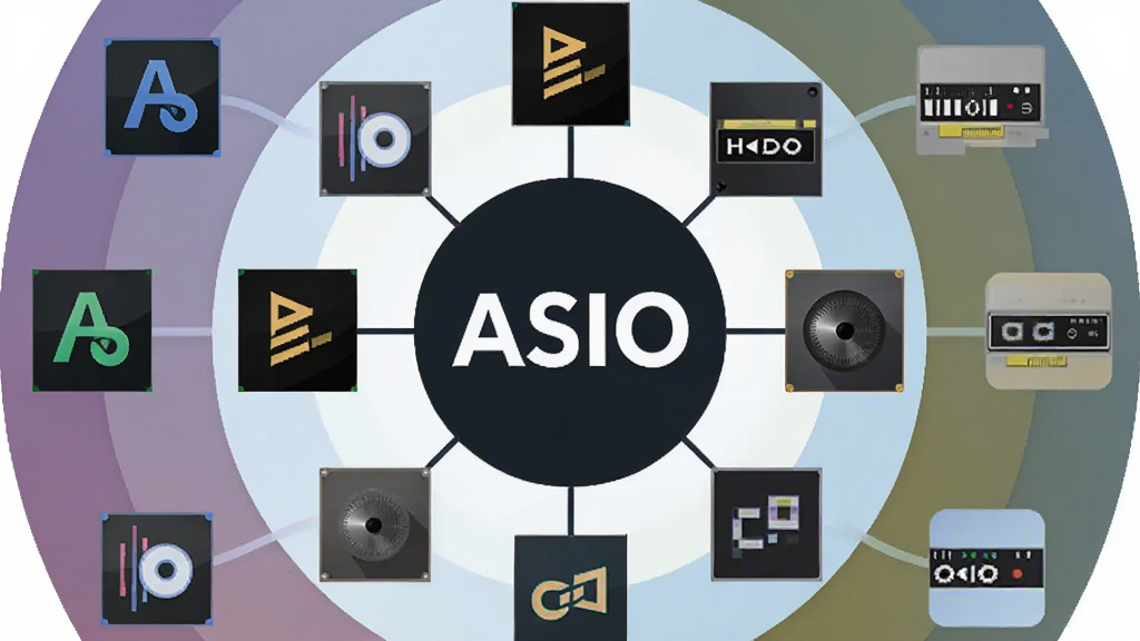 主体:一张展示多种音频软件与硬件兼容性的概念图;布局:中心为“ASIO”标志,四周环绕不同品牌音频软件图标与声卡设备图标;排版:环形围绕,层次分明;风格:扁平化设计,色彩丰富但不杂乱;细节:软件图标清晰可辨,带有连接线指向中心;画质:干净整洁,无多余元素