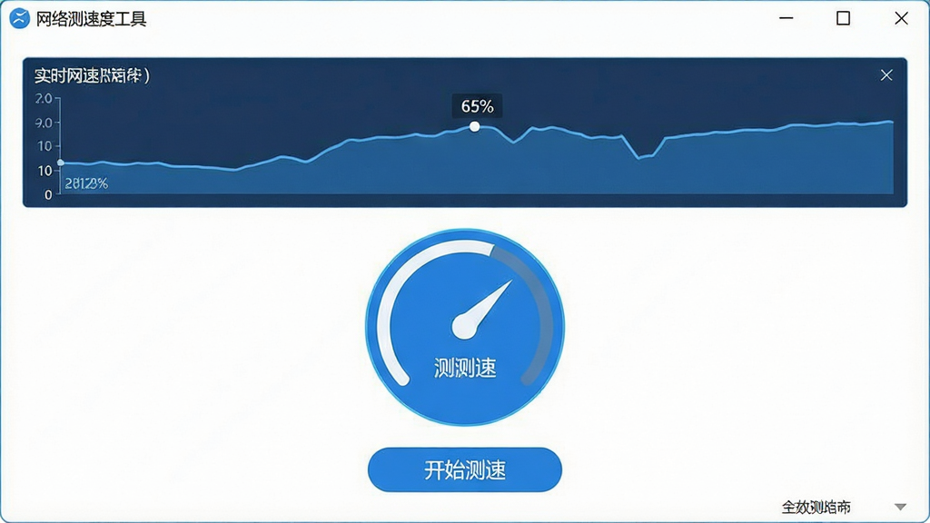 一张展示“网络测速度工具”软件主界面的高清截图,界面中央是一个醒目的圆形测速大按钮,上方显示实时网速曲线,整体风格扁平化设计,蓝色与白色为主色调,简洁清爽,按钮下方有“开始测速”文字,画质干净,无多余元素