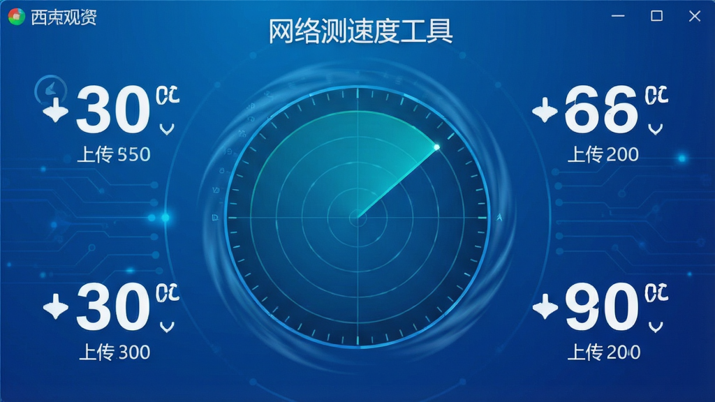 一张展示“网络测速度工具”软件测速过程的界面预览图,画面中心是一个正在旋转的雷达动画,四周显示实时上传和下载速度数字,背景为渐变蓝色科技风格,数字采用白色大号字体,布局清晰,画质干净,无多余文字