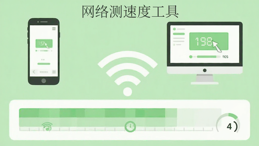 展示“网络测速度工具”使用场景的插画,画面上方是手机和电脑的图标,中间是Wi-Fi信号图标,下方是测速结果条形图,整体风格为扁平插画风,采用浅绿色和白色配色,构图清晰,画质干净,无多余元素