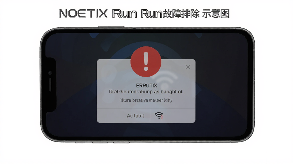 NOETIX Run故障排除示意图,主体为手机屏幕显示错误提示弹窗,布局中央为感叹号图标,背景为暗色渐变,风格简洁,细节包含Wi-Fi断开符号,画质干净,无多余元素