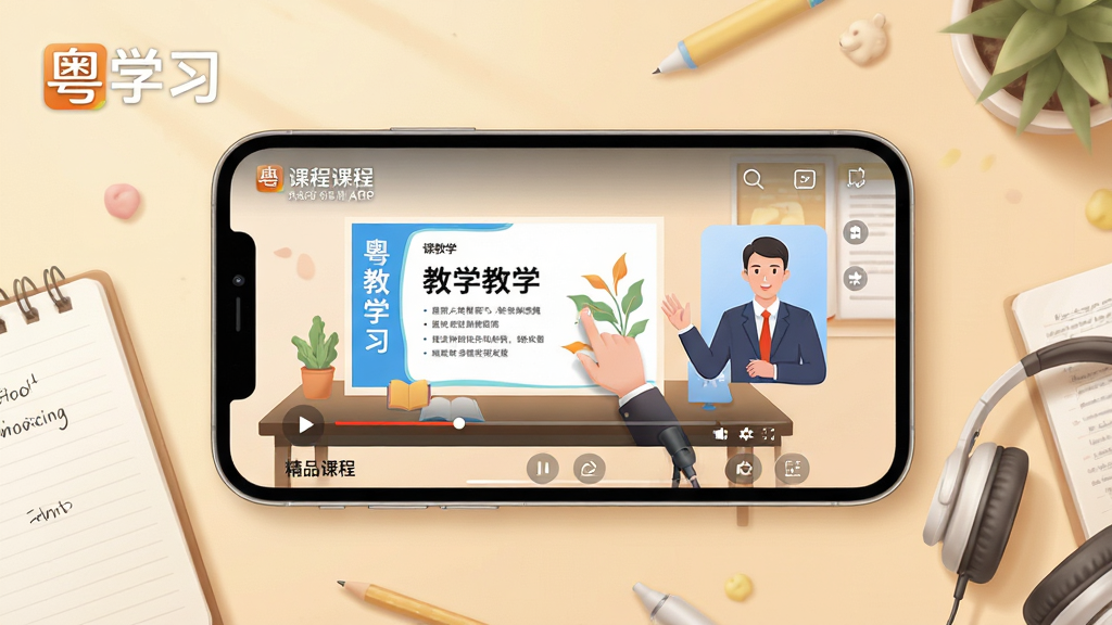 主体:“粤学习”APP的课程学习界面,展示一个正在播放的教学视频,画面中有课件演示和讲师头像。布局:手机横屏模拟展示,周围配以笔记本、耳机等学习元素,背景为温暖的米黄色。排版:视频画面清晰,进度条、课程目录等控件完整可见。风格:教育场景插画风,色调柔和。细节:屏幕左上角有“粤学习”水印,下方配有“精品课程”字样。画质:细腻平滑,富有学习氛围,无多余元素。