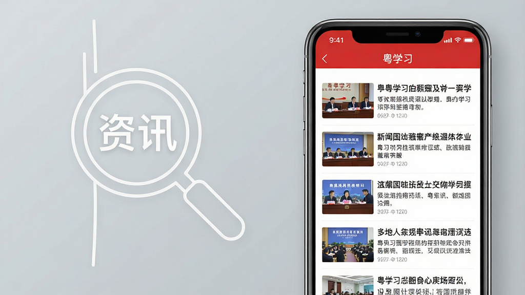 主体:“粤学习”APP的新闻资讯页面截图,以列表形式展示图文并茂的新闻标题和摘要。布局:手机竖屏放置于画面右侧,左侧留白区域用浅灰色线条勾勒出放大镜和“资讯”字样。排版:界面截图清晰,标题文字醒目,缩略图规整排列。风格:写实截屏与简洁背景结合,突出信息流特点。细节:顶部状态栏显示“粤学习”字样,画面色彩以红色和白色为主。画质:高清晰度,细节生动,无杂乱元素。