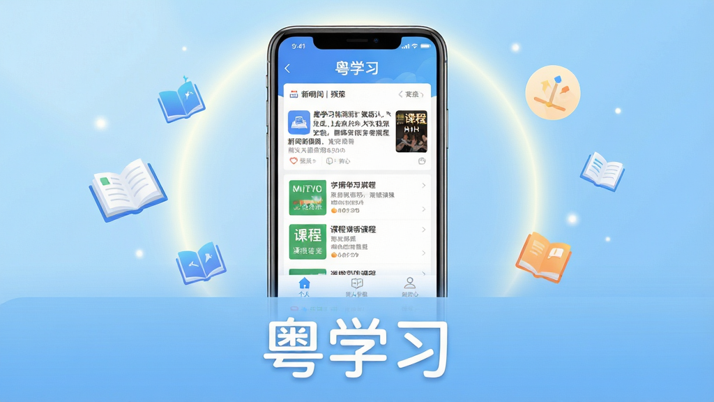 主体:“粤学习”APP的界面预览图,占据画面中心,屏幕内清晰显示新闻资讯、课程列表、个人中心等主要功能模块。布局:采用手机竖屏居中展示,背景为浅蓝色渐变,搭配柔和的光晕和漂浮的书籍、知识图标点缀。排版:界面截图清晰,图标和文字可辨识,整体构图平衡。风格:现代扁平化设计风格,色彩明亮清新,符合教育学习类应用的调性。细节:图片下方配有简洁的白色文字“粤学习”,字体为现代圆体,画面干净。画质:高清渲染,细节丰富,无多余元素。