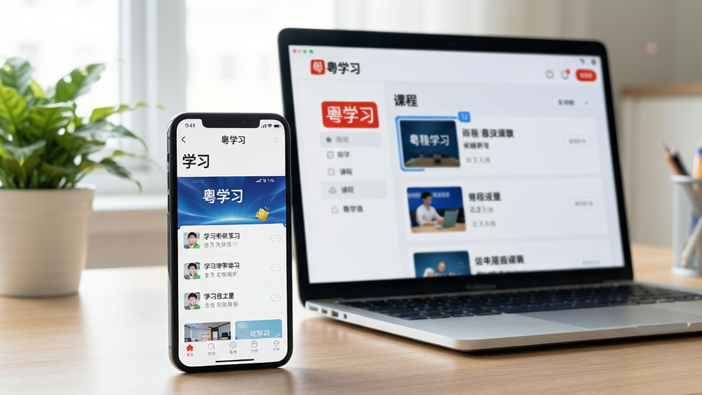 主体:一部智能手机和一台笔记本电脑并排摆放,屏幕上都显示“粤学习”应用界面。布局:手机在前,电脑在后,形成景深效果,背景为简洁的书桌,放有绿植。排版:两个设备屏幕清晰,界面内容可辨认。风格:写实场景摄影风格,光线明亮自然。细节:手机屏幕上显示“学习”页面,电脑屏幕显示“课程”列表,画面带有“粤学习”的红色Logo。画质:超高清,细节丰富,无杂乱背景。