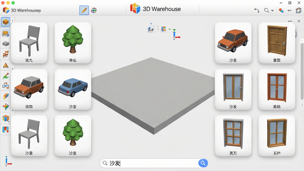 主体:Google SketchUp软件界面,中央是场景,周围悬浮着各种3D模型缩略图,如椅子、树木、汽车、门窗等,仿佛一个素材库。布局:界面中央为空白场景,四周环绕模型图标,底部有搜索栏。排版:模型图标排列整齐,大小不一,突出丰富性。风格:现代UI风格,图标色彩鲜艳,场景背景为浅灰色。细节:每个模型图标下方有名称标签,搜索栏中有“沙发”字样,界面顶部有“3D Warehouse”标识。画质:高清,干净,无多余元素。