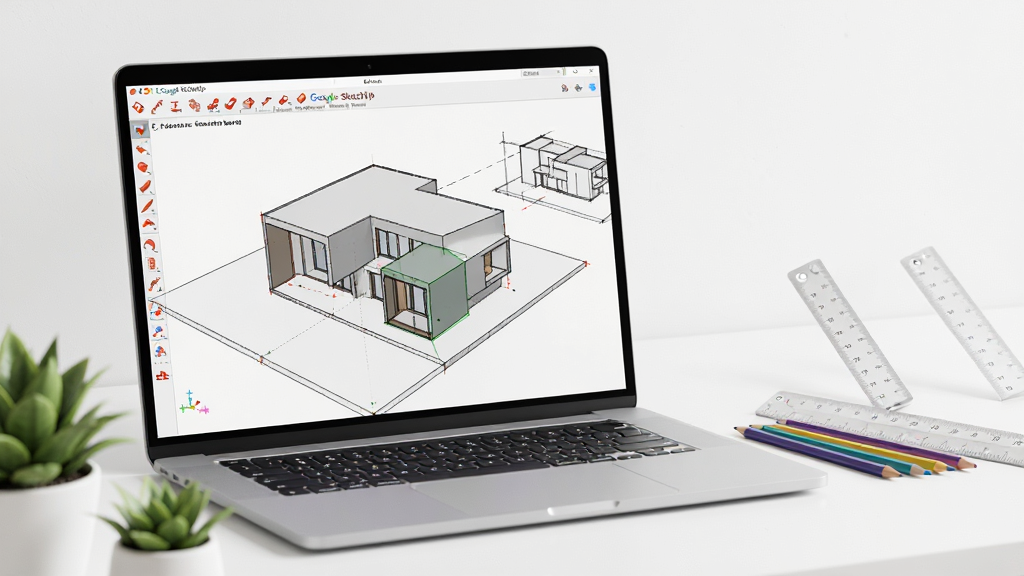 主体:一台运行着Google SketchUp软件的笔记本电脑,屏幕显示一个现代简约建筑的3D模型,旁边有工具栏和草稿线条。布局:电脑位于画面中央偏左,右侧留白并放置几个彩色铅笔和尺子,背景为干净的工作桌面。排版:画面清晰分层,主体突出,前景有少量植物点缀。风格:写实科技风,柔和自然光,色彩明亮清晰。细节:屏幕中模型显示线条和面,软件界面可见“Google SketchUp”字样,铅笔和尺子带有设计感。画质:高清,干净,无多余元素。