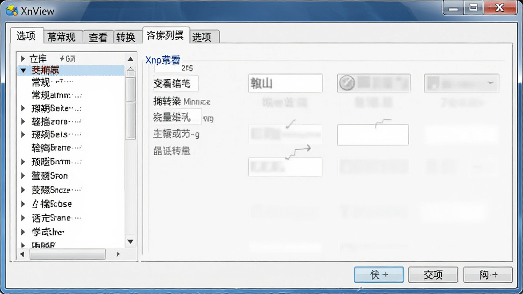 XnView软件设置界面,显示“选项”对话框,包含“常规”、“查看”、“转换”等多个选项卡,左侧列表,右侧内容,风格干净整洁,软件名称“XnView”出现在标题栏,高清晰度