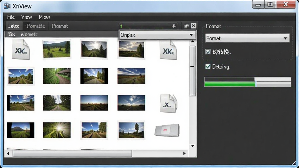 XnView批量格式转换功能示意图,界面显示多张不同格式的图片文件列表,有格式选择下拉菜单和转换选项,旁边有进度条,风格写实,软件名称“XnView”出现在窗口标题栏,干净清晰