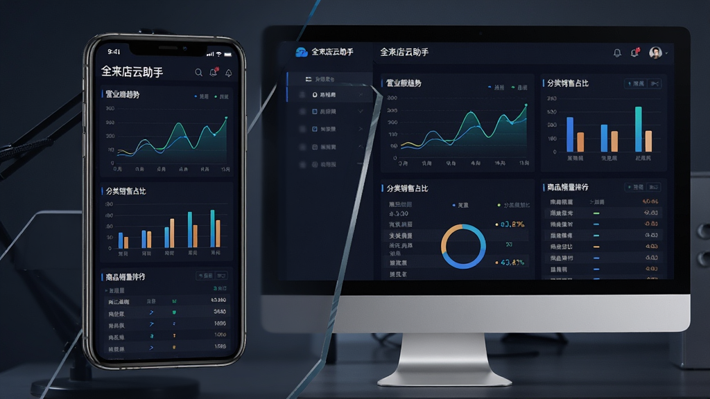 一张手机与电脑屏幕的对比图,屏幕中显示“全来店云助手”的数据报表界面,包含折线图展示的营业额趋势、柱状图展示的分类销售占比以及列表形式的商品销量排行。整体色调为深色背景搭配亮色数据图表,科技感强。主体突出,布局清晰,风格现代专业,画质高清。
