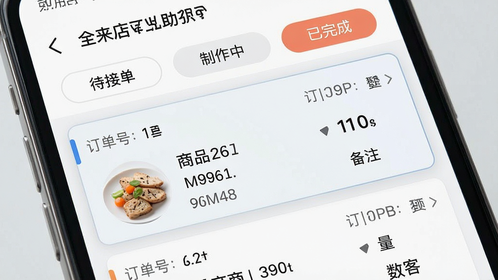 一张手机操作界面特写,屏幕显示“全来店云助手”的订单列表,每个订单卡片清晰展示订单编号、商品明细、数量与顾客备注。列表顶部有“待接单”、“制作中”、“已完成”等状态筛选标签,其中一条订单处于高亮选中状态。整体界面以白色和浅灰色为主,功能区域划分明确,排版整洁,风格清爽,画质干净。
