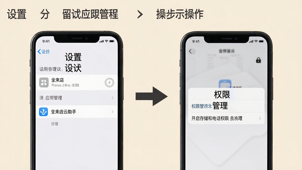 一张分步操作示意图,以手机截图和箭头指示的形式,展示从“设置”应用中找到“应用管理”,选择“全来店云助手”,并点击“权限管理”开启存储和电话权限的步骤。画面整体干净,以浅色背景为主,配以清晰的文字说明。主体为操作流程展示,布局为步骤式排列,风格简洁明了,画质高清。