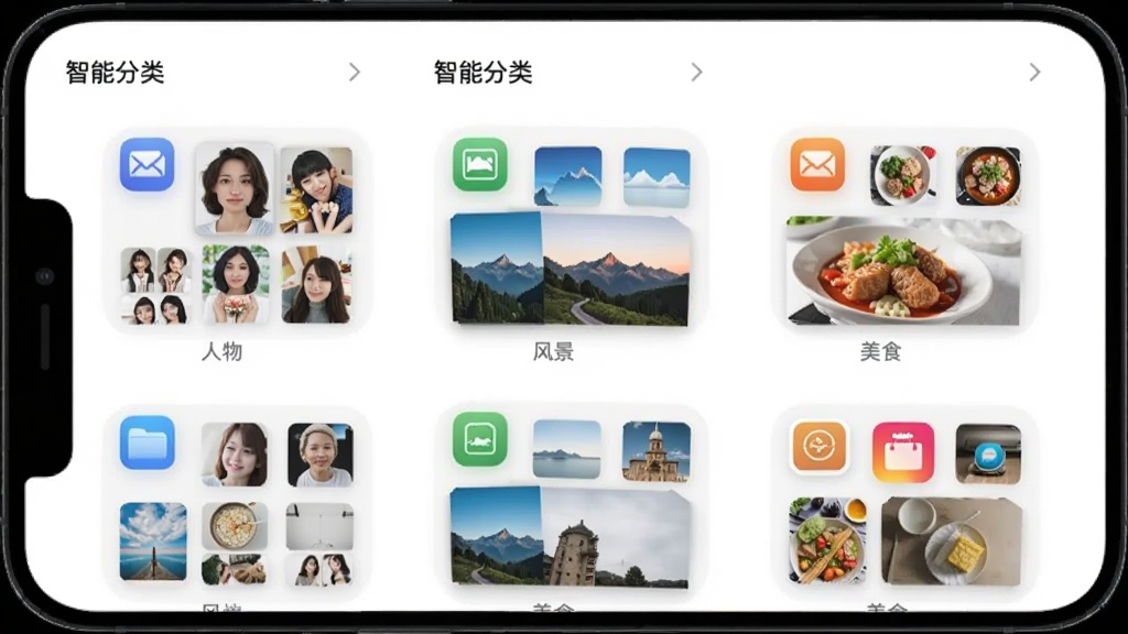 展示手机相册中“智能分类”功能的界面截图,屏幕上有多个分类相册文件夹,如“人物”、“风景”、“美食”,每个文件夹上都有对应的缩略图,界面背景为白色,分类图标为彩色,整体风格简约现代,画质清晰,无多余元素。