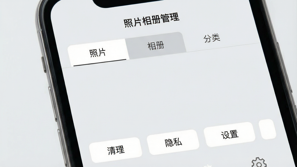 一张展示手机屏幕界面的高清图片,界面中央是“照片相册管理”软件主界面,上方有“照片”、“相册”、“分类”三个标签页,下方有“清理”、“隐私”、“设置”三个功能按钮,界面风格简洁明亮,背景为浅灰色,整体布局清晰,画质干净,无多余元素。