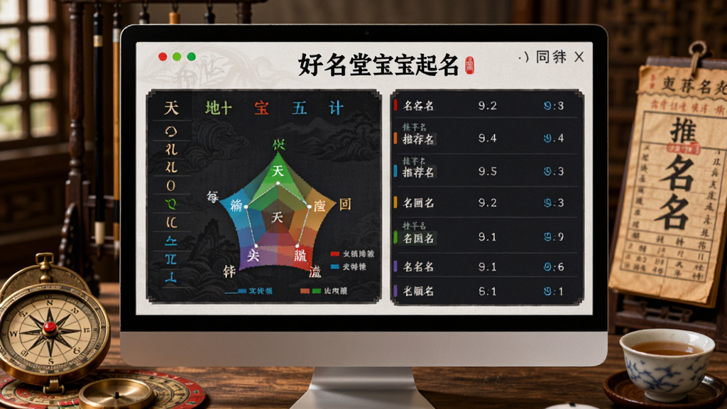 画面主体为电脑屏幕显示“好名堂宝宝起名”的八字分析功能界面,左侧列出天干地支、五行统计图表,右侧展示推荐名字列表,背景为书桌上摆放的罗盘、老黄历和茶盏,整体风格古风与现代科技结合,界面清晰明亮,文字可辨,高清细节,无多余元素。