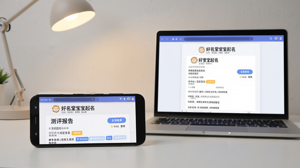 画面主体为一部安卓手机横屏显示“好名堂宝宝起名”的测评报告页面,旁边放着一台笔记本电脑,屏幕上是相同报告,背景为简洁的书桌和台灯,整体色调柔和,体现跨设备同步使用的便利性,画质清晰,干净无杂物。