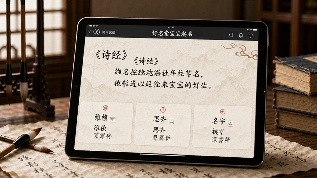 画面主体为“好名堂宝宝起名”软件在平板电脑上展示诗词起名功能,屏幕显示《诗经》中的经典句子,下方列出“维桢”“思齐”等名字及释义,背景为古风书房,有毛笔、宣纸和古籍,画面古色古香,文字清晰,高清质感,排版雅致。