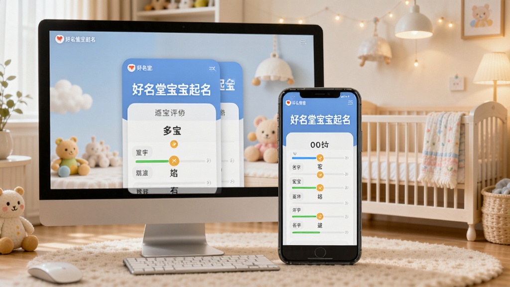 画面主体为“好名堂宝宝起名”软件界面展示,一部智能手机与一台电脑并排放置,屏幕上清晰显示“好名堂宝宝起名”字样及名字评分界面,背景为温馨的婴儿房,有婴儿床、玩具和柔和的灯光,整体色调温暖明亮,画面干净无杂物,高清渲染质感,真实场景风格,适合作为软件宣传图。