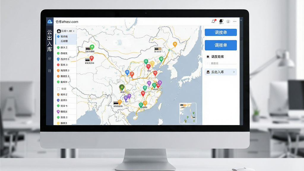 一张展示云出入库多仓库管理功能的电脑界面截图,主体为显示器上的仓库列表地图,不同仓库用彩色标记显示库存状态,旁边有调拨单操作按钮,布局清晰,排版专业,风格商务简洁,细节丰富,画质干净,图片上带有文字“云出入库”。