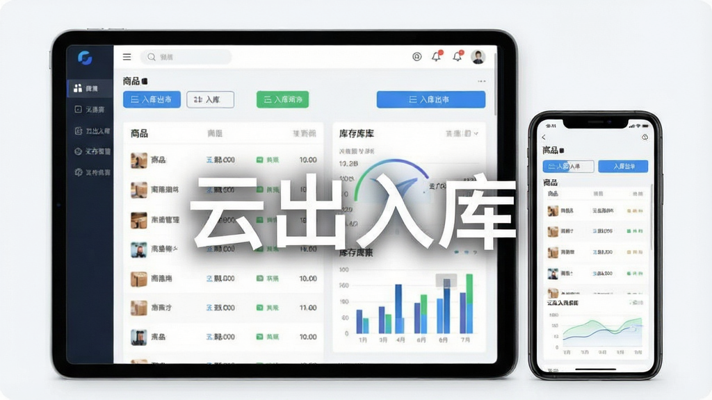 一张展示云出入库软件主界面的高清截图,主体为平板电脑和手机并排摆放,屏幕上显示库存管理仪表盘,包含商品列表、入库出库按钮和库存图表,布局整洁,排版清晰,风格现代简约,细节丰富,画质干净无多余元素,图片上带有文字“云出入库”。
